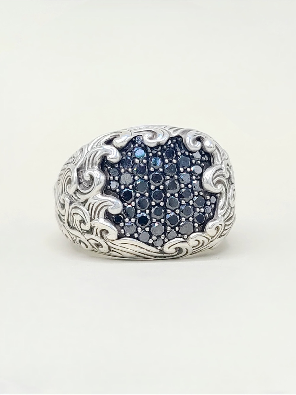 David Yurman Waves Signet ring With Pave Black Diamonds In Sterling Silver